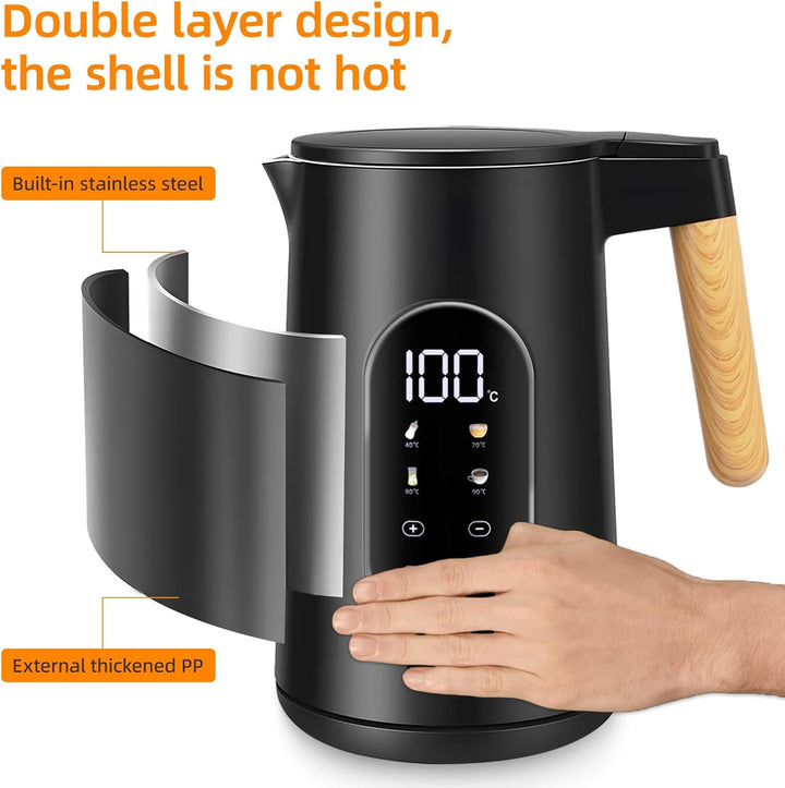 Carehabi Wasserkocher mit Temperatureinstellung 1.7 Liter Wasserkocher Edelstahl Schwarz 40°C-100°C