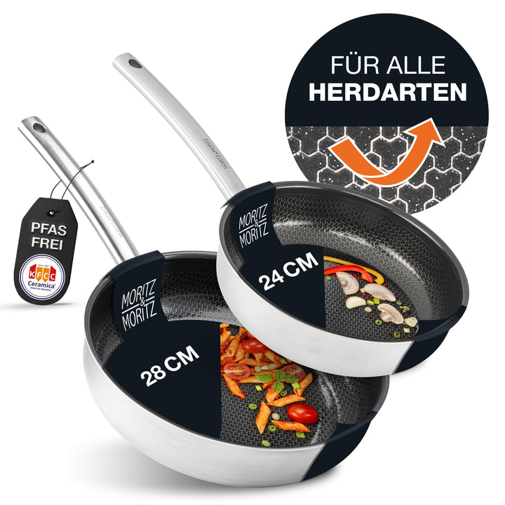 Moritz & Moritz Edelstahlpfannen 24 & 28cm mit Keramikbeschichtung der neuesten Generation - für all