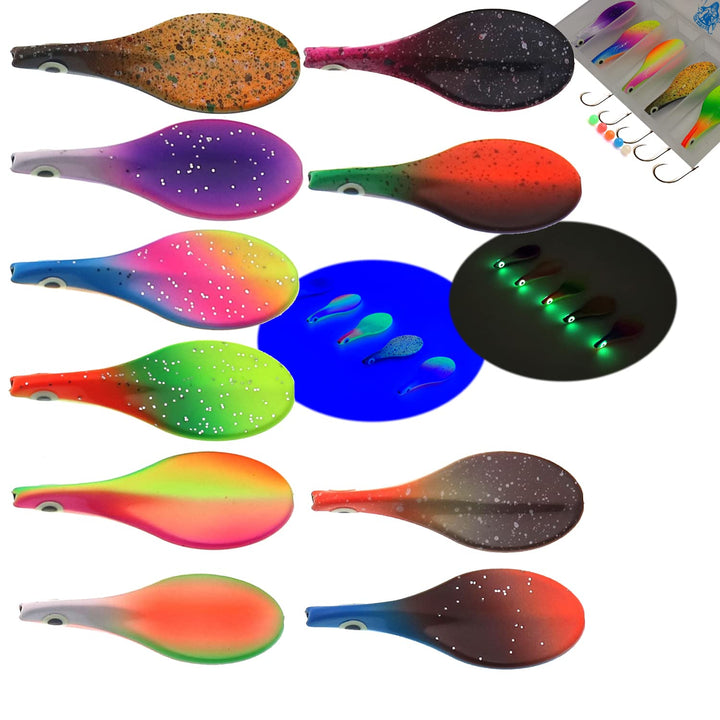 Njord Kalastus Inline Spoon Forelle in Box | UV Aktiv und Selbstleuchtende 3D Augen | Durchlaufblink