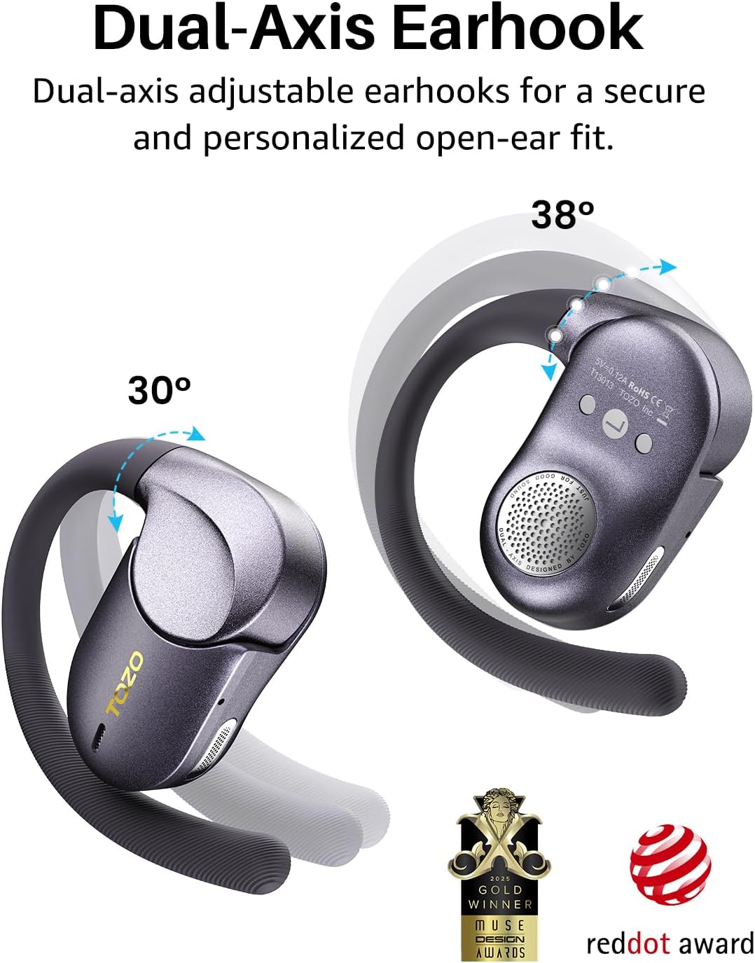 TOZO Open X2 Pro Open-Ear Kopfhörer (Titanschwarz, Sets A) | 15,4-mm Treiber, Gyro Spatial Audio, Du