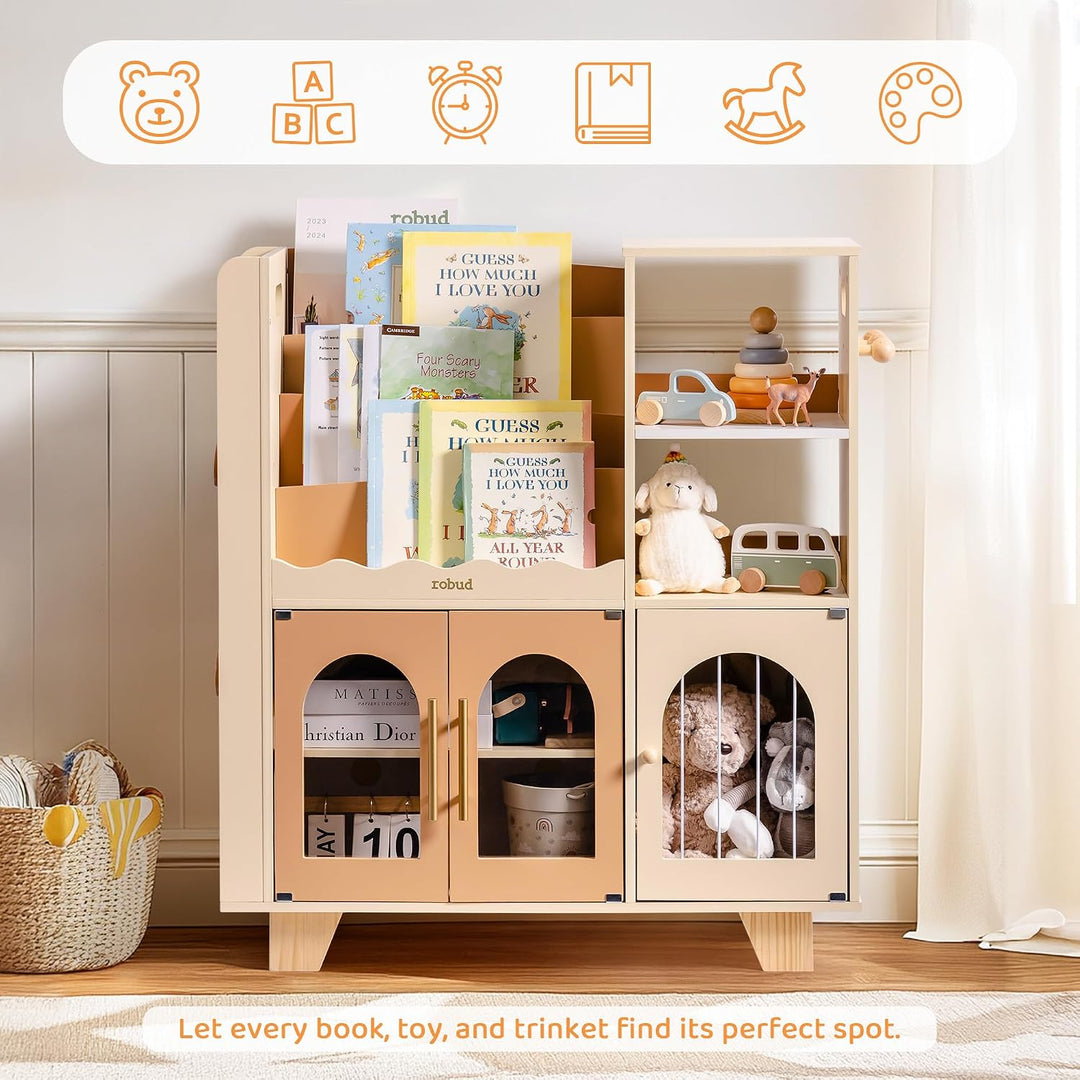 ROBUD Kinder bücherregal Karamellfarbe, Holz Standregal,mehrstufig, mit Spielzeugaufbewahrungszone,