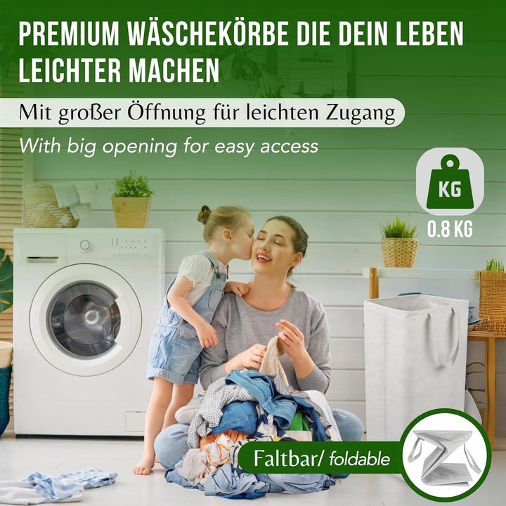 Wäschesammler 100 Liter Hell Grau Faltbarer Wäschekorb Organizer mit erweitertem Griff, Wäschesammle