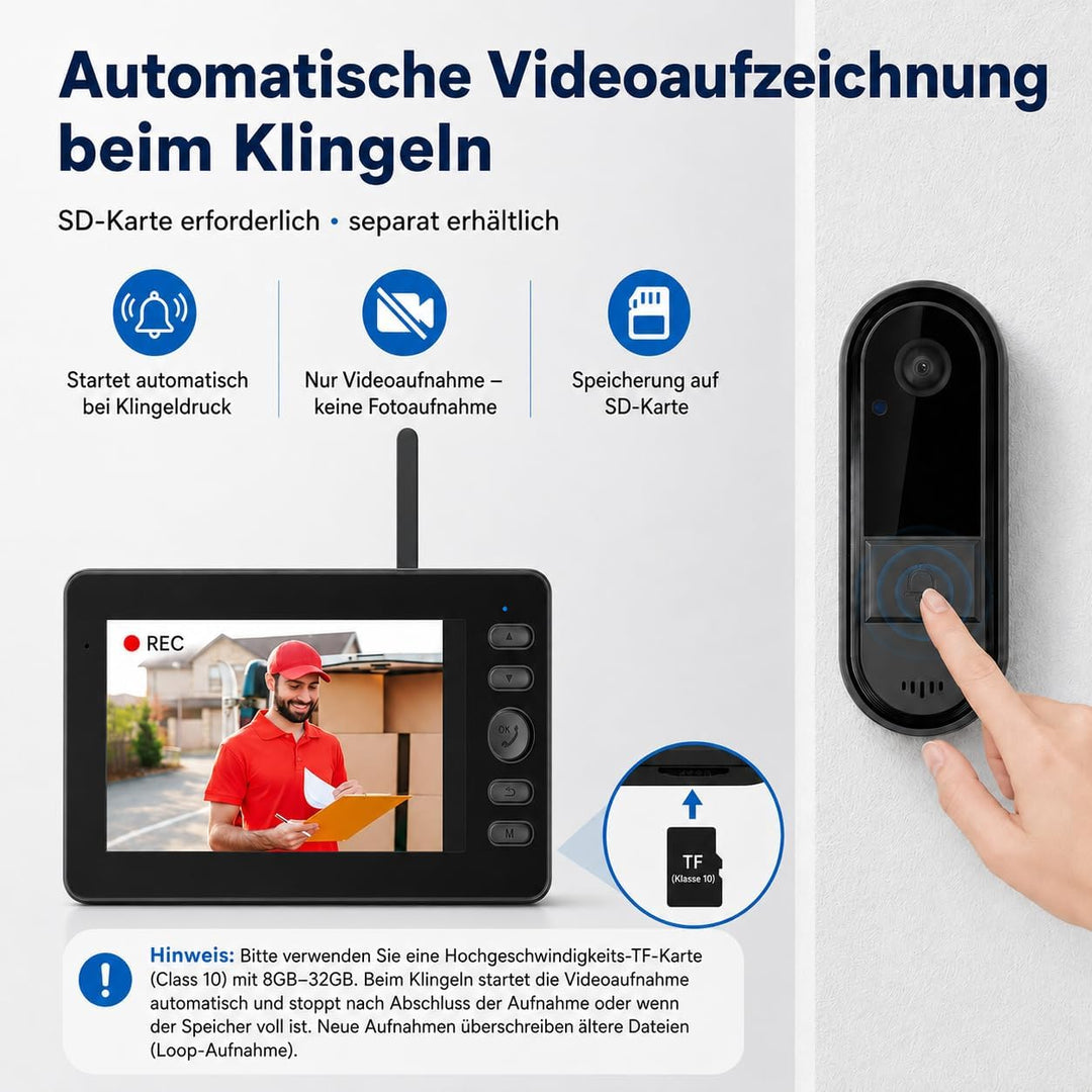 Funkklingel mit Kamera, Kabellose Video Türklingel mit 4,3" IPS Monitor, ohne WLAN & App, Türsprecha