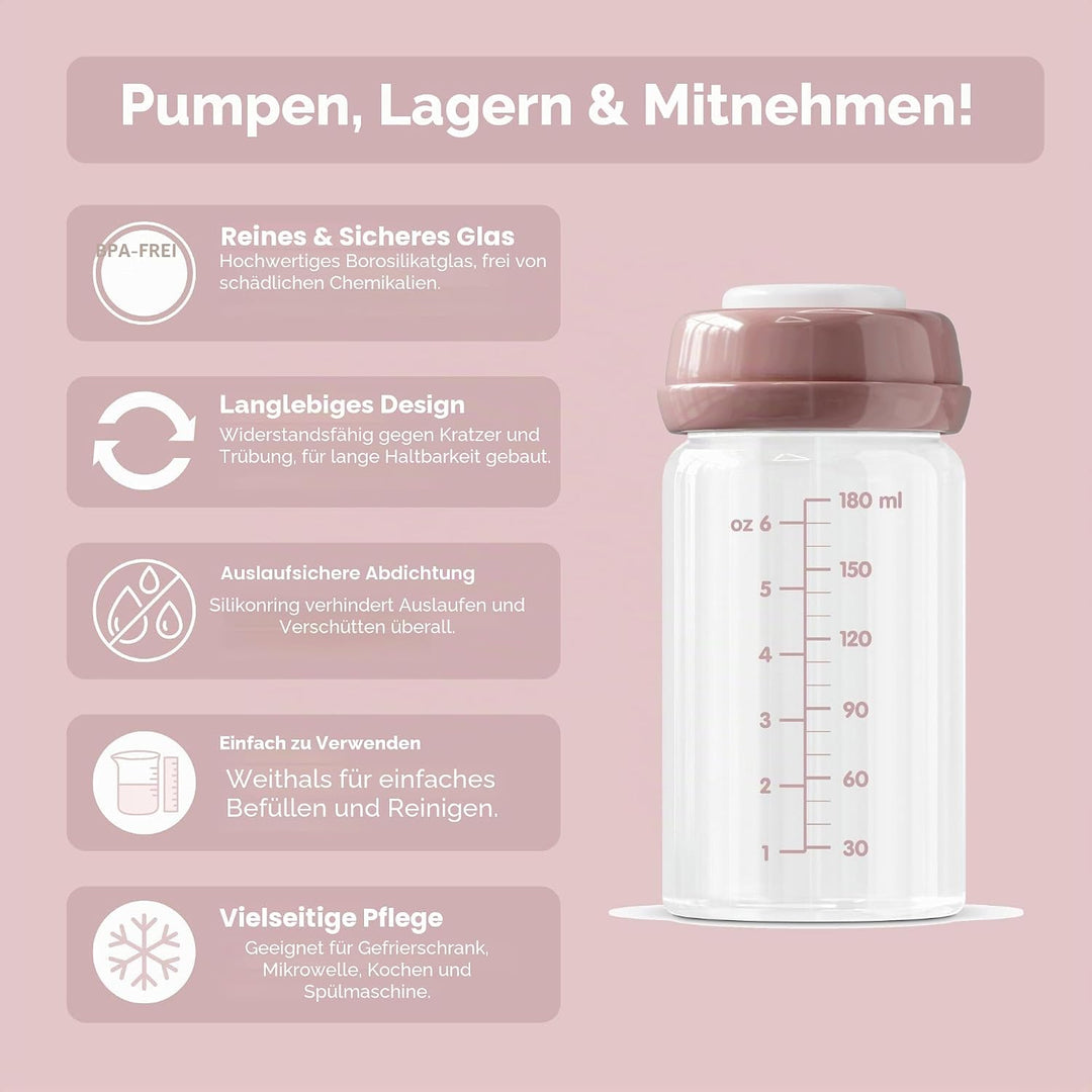Premium Glasflaschen für Muttermilch, 180 ml, spülmaschinen-, gefrier- und mikrowellengeeignet (Glas