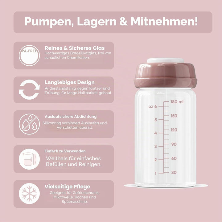 Premium Glasflaschen für Muttermilch, 180 ml, spülmaschinen-, gefrier- und mikrowellengeeignet (Glas