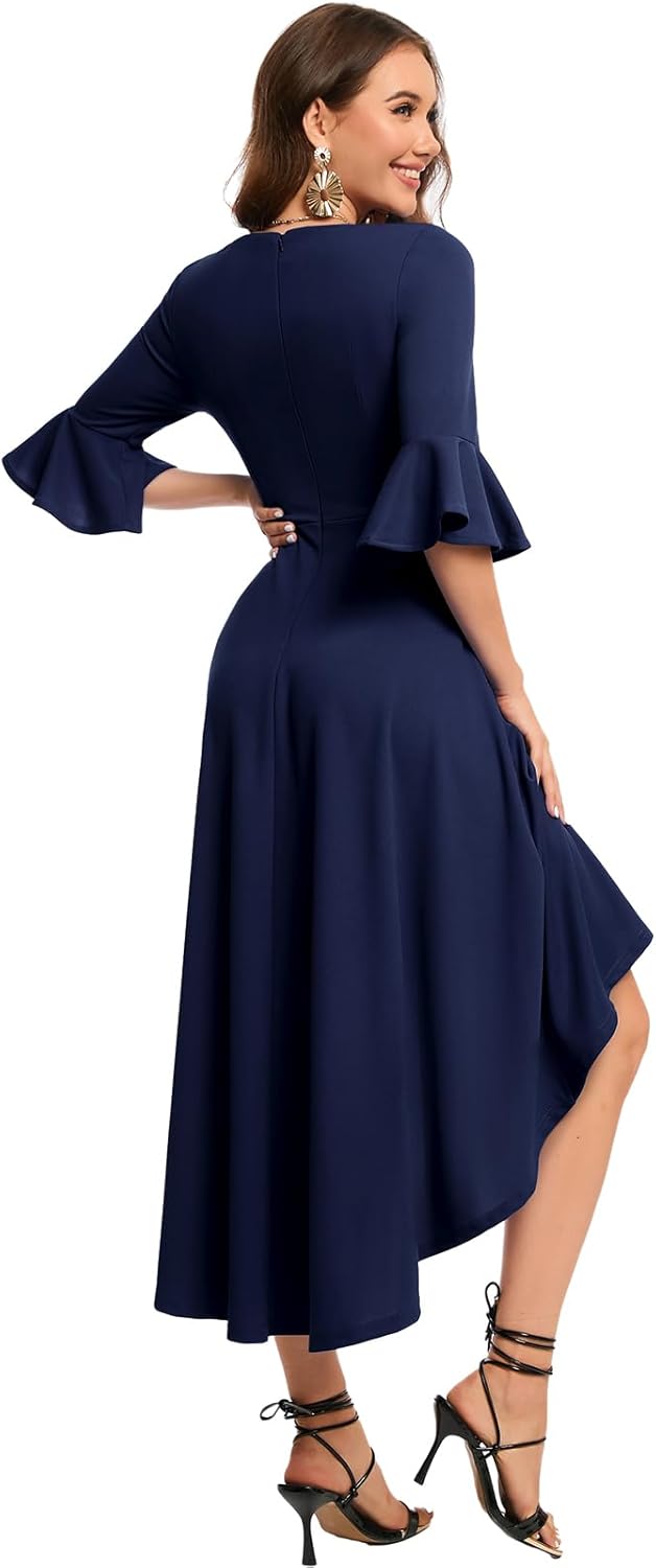Gardenwed Festliches Kleid Damen 3/4 arm Flare Bell Sleeve Rundhals Kleider High-Low Cocktailkleider