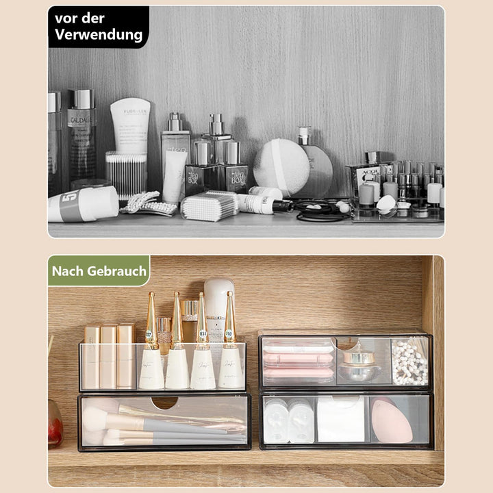 Kosmetik Organizer Set of 2, Acryl Schubladen Stapelbar | Make Up Aufbewahrung Transparent, für Schl