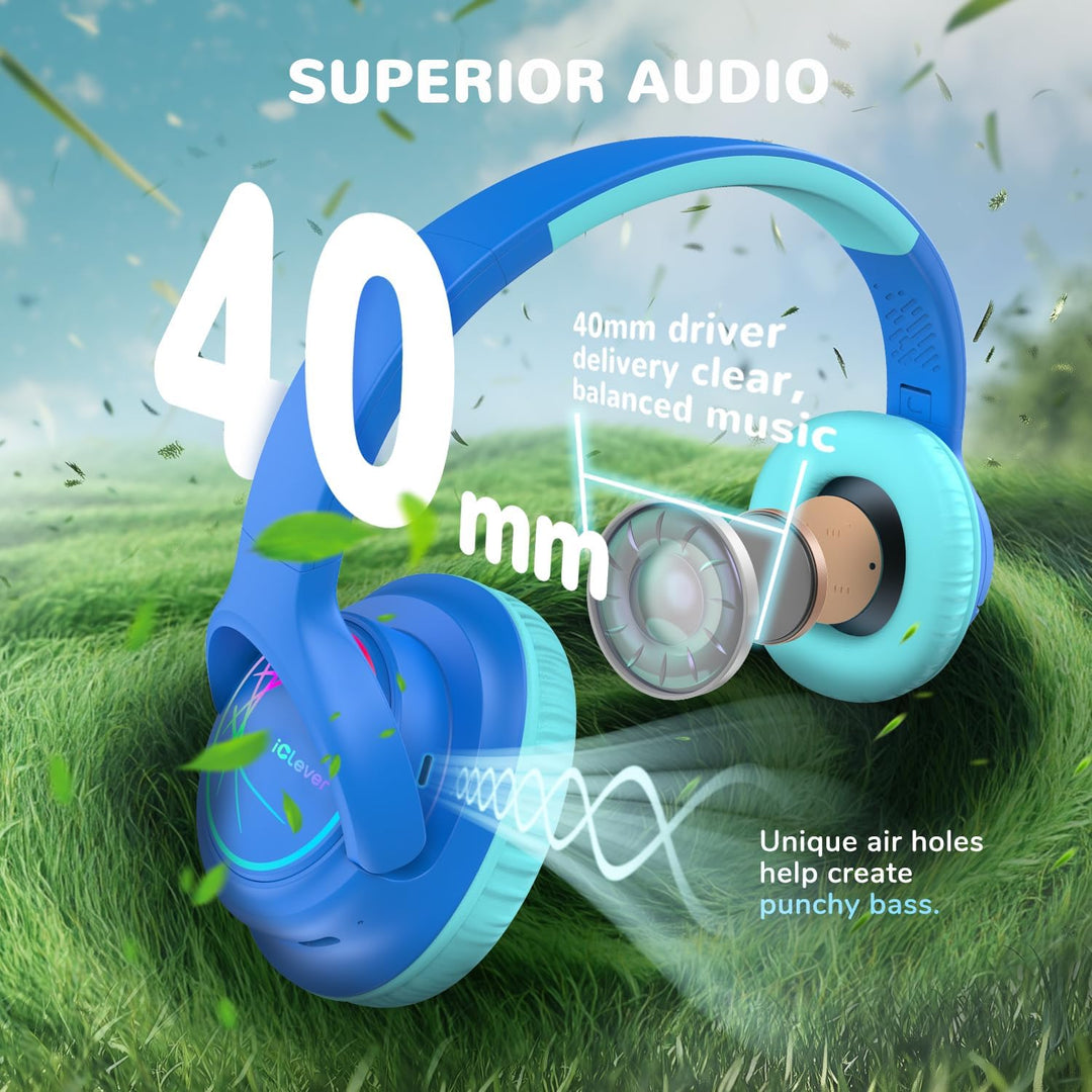 iClever Bluetooth kopfhörer Kinder mit LED-Leuchten, 74/85/94dB Lautstärkebegrenzung, 43 Stunden Spi