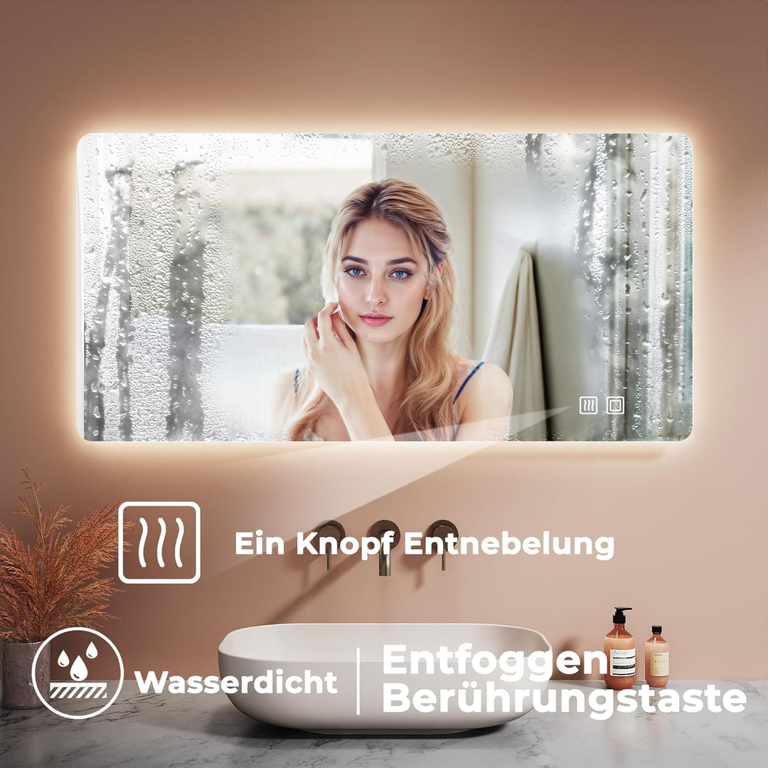 Badezimmerspiegel mit Beleuchtung, 100 x 60 x 3.5cm, Spiegel mit Beleuchtung, Dimmbar, 3 Farben, Ant