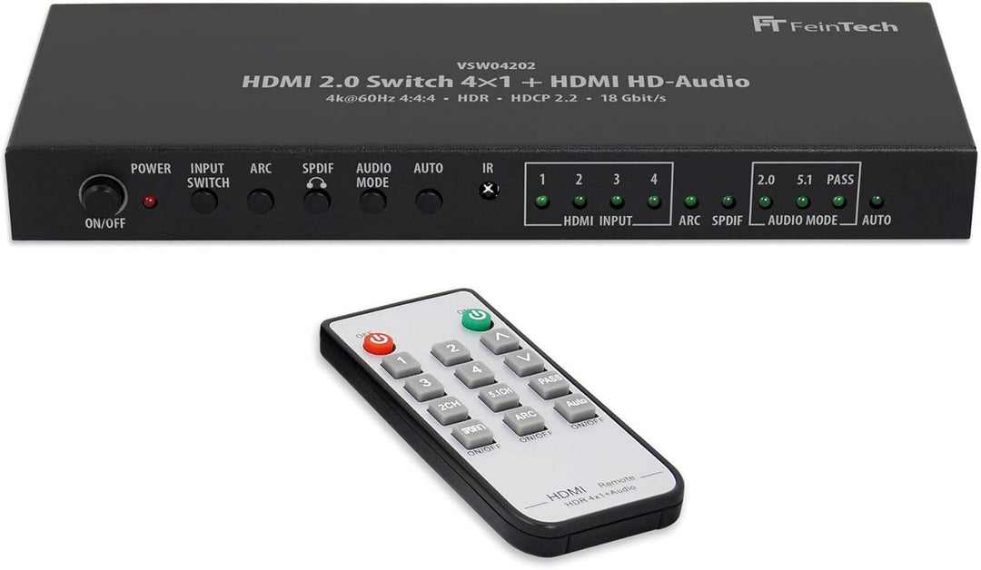FeinTech VSW04202 HDMI 2.0 Switch 4x1 HD-Audio Extractor 7.1 ARC 4K 60Hz HDR CEC 4x1 Switch + Audio-