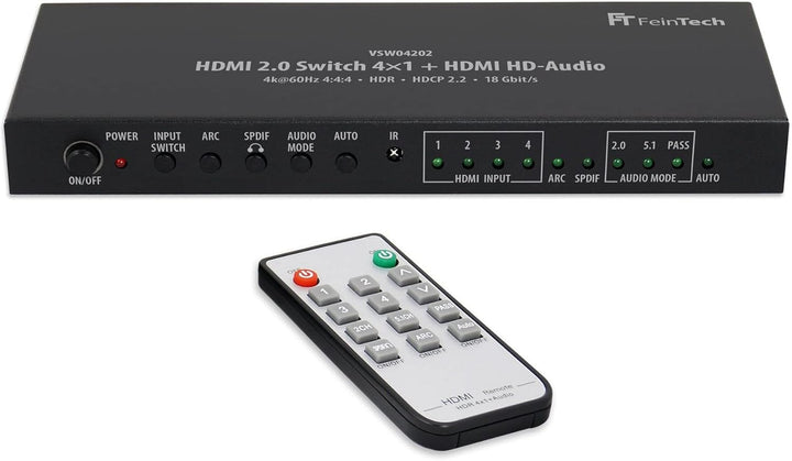 FeinTech VSW04202 HDMI 2.0 Switch 4x1 HD-Audio Extractor 7.1 ARC 4K 60Hz HDR CEC 4x1 Switch + Audio-