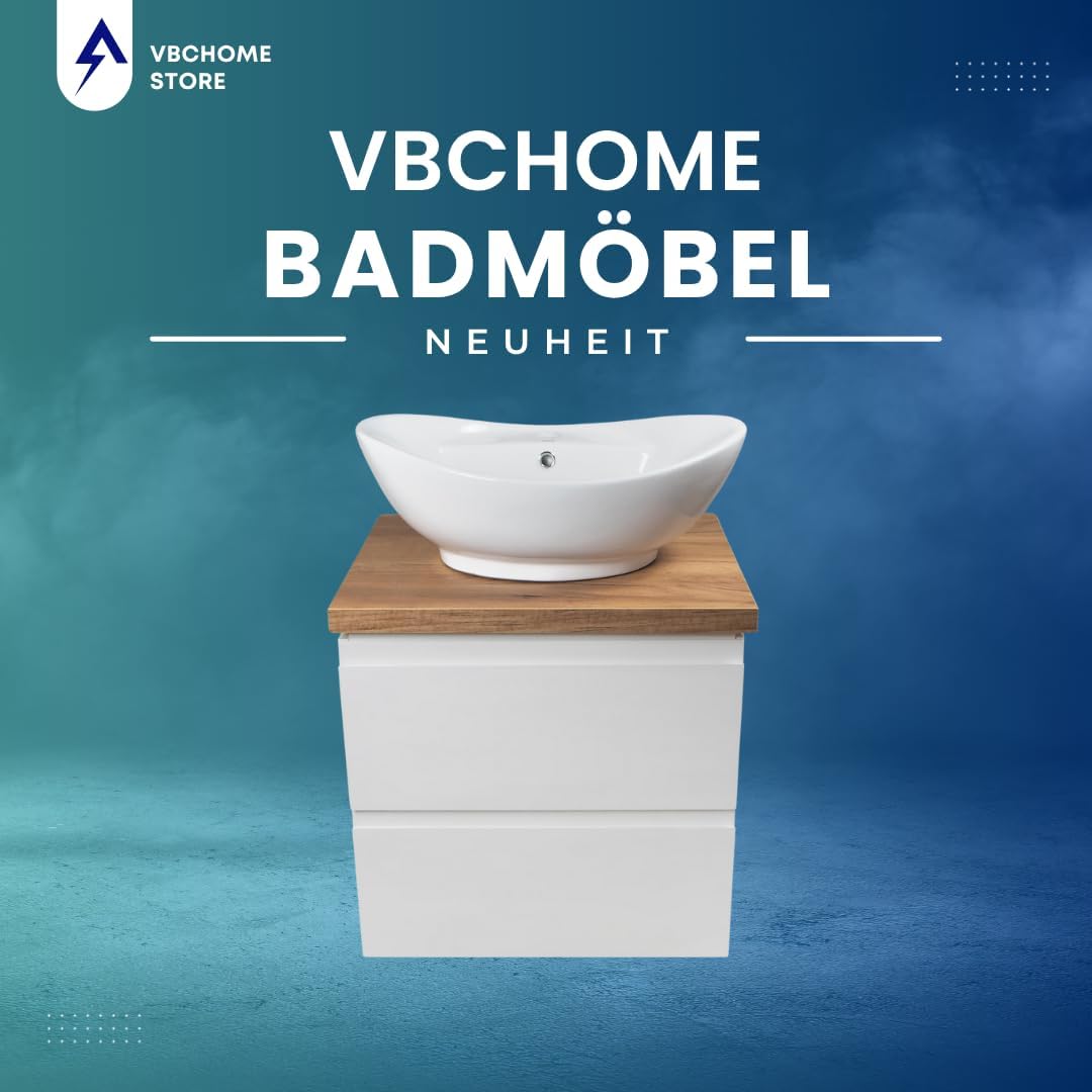 VBChome Badmöbel 60 cm Weiss Aufsatzwaschbecken mit Hahnloch 59x39 cm Aufsatzwaschtisch mit Waschbec