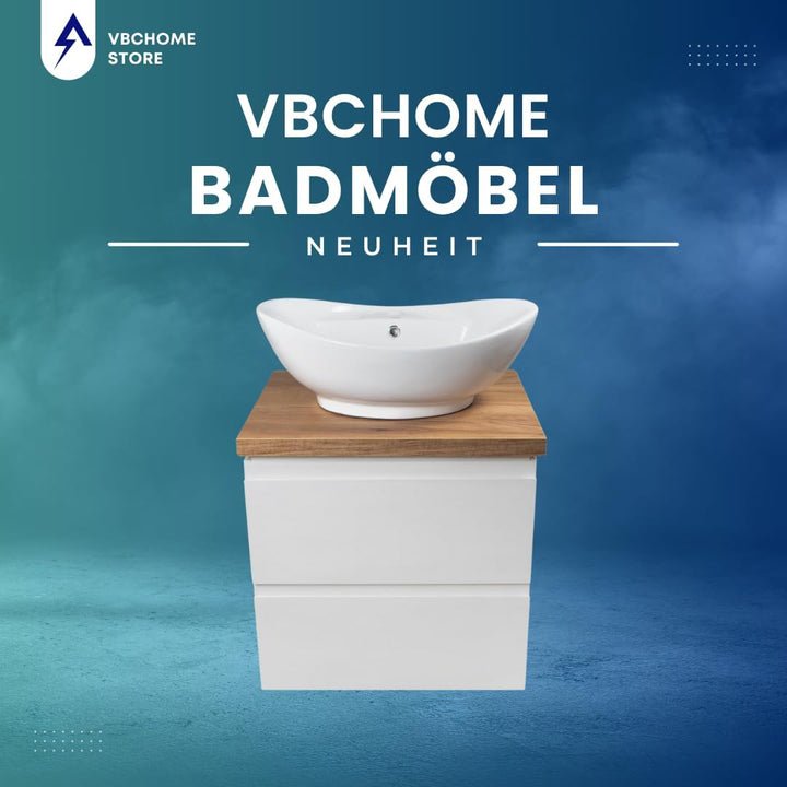 VBChome Badmöbel 60 cm Weiss Aufsatzwaschbecken mit Hahnloch 59x39 cm Aufsatzwaschtisch mit Waschbec
