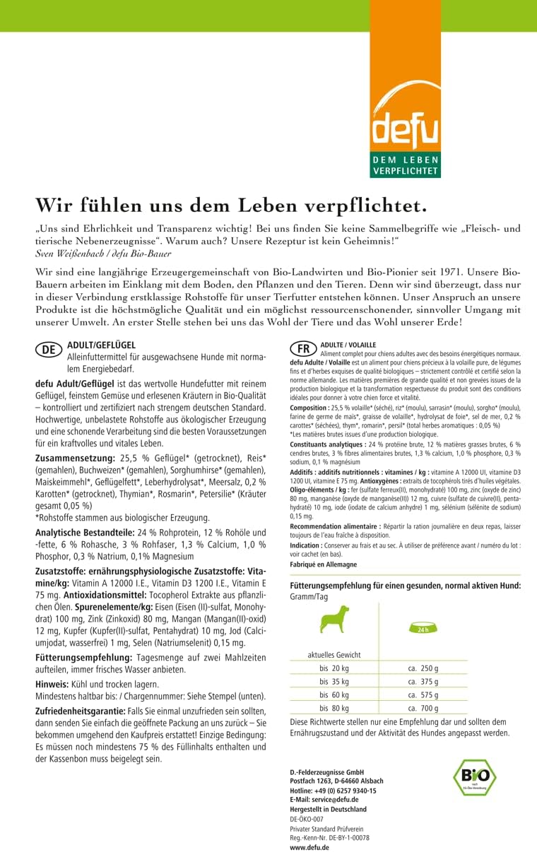 defu Hund | Adult Bio Geflügel | Premium Bio Trockenfutter | Hundefutter für ausgewachsene Hunde (3x