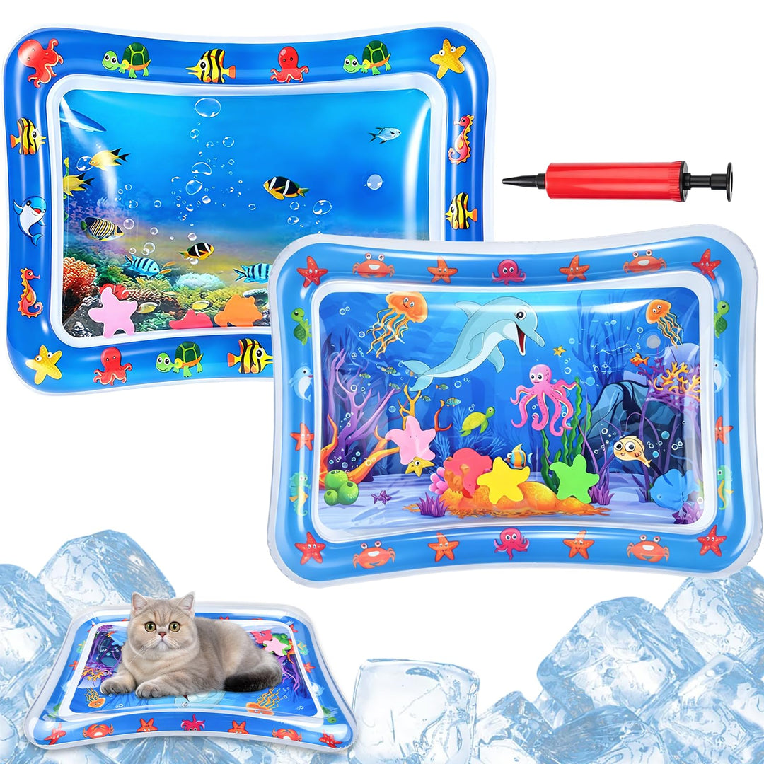 Wasserspielmatte Interaktives Katzenspielzeug, 2 Stück Kühlmatte Katze mit Fischen, Verdickte PVC Wa