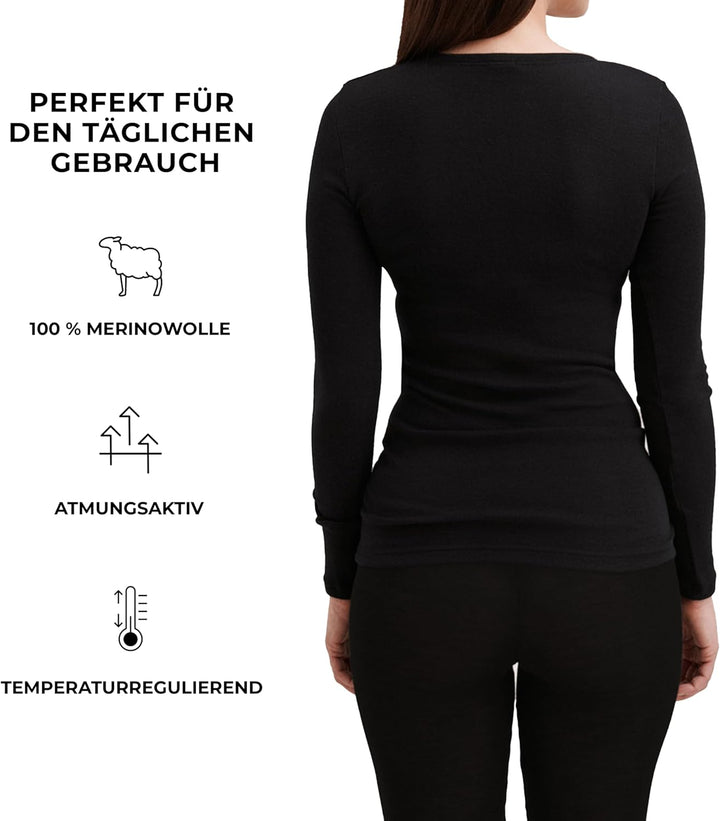 DILLING Merino Langarmshirt für Damen - Extra Feine Unterwäsche aus 100% Bio Merinowolle 40 Schwarz,