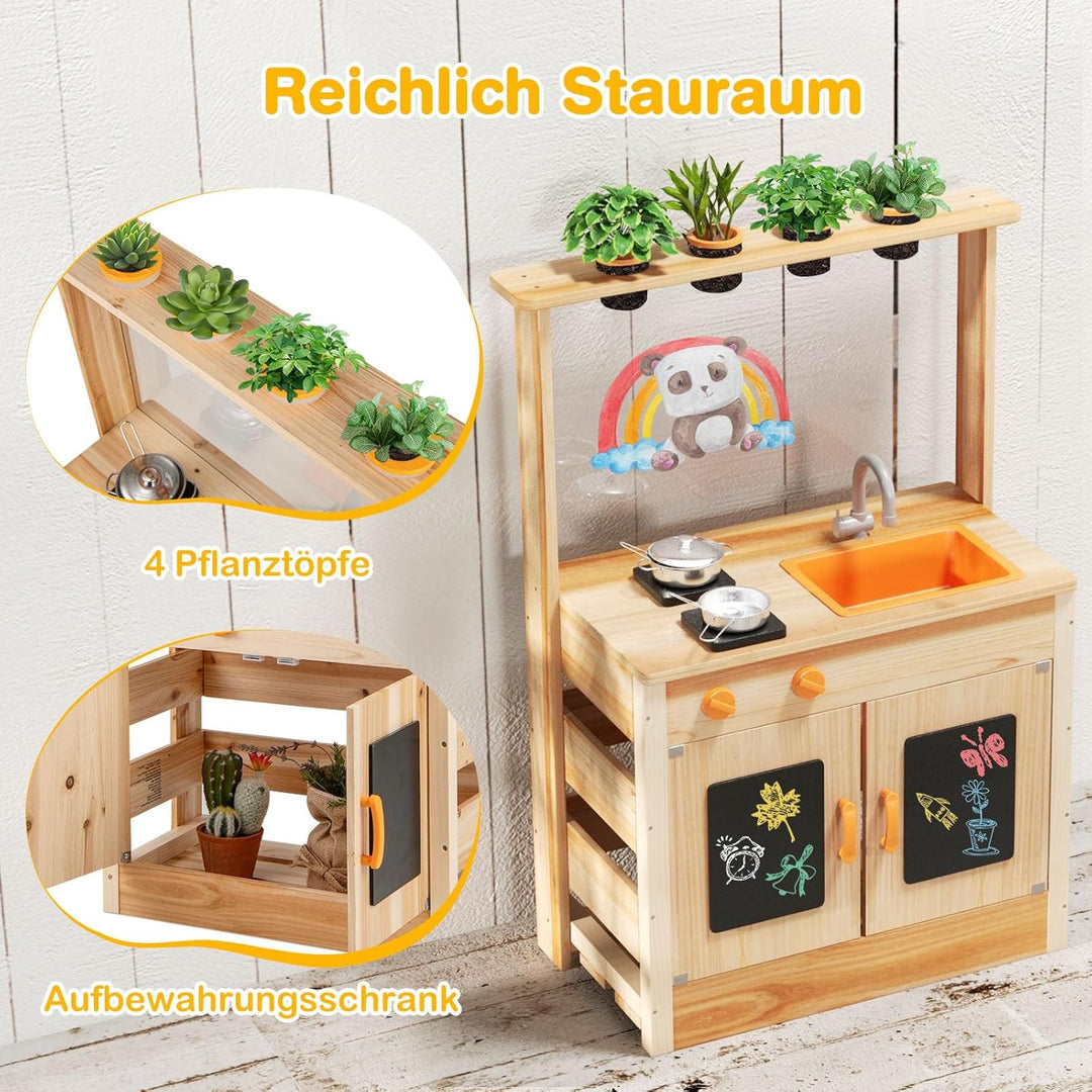 DREAMADE Matschküche Kinder Outdoor, Kinderküche mit Tafel & Acryl-Tafel & Pflanzentöpfen & Herd & S