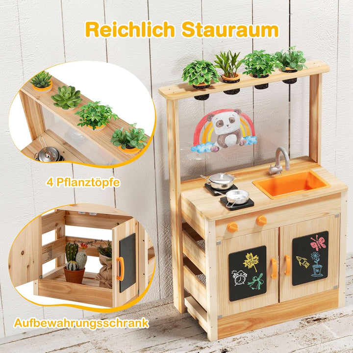 DREAMADE Matschküche Kinder Outdoor, Kinderküche mit Tafel & Acryl-Tafel & Pflanzentöpfen & Herd & S