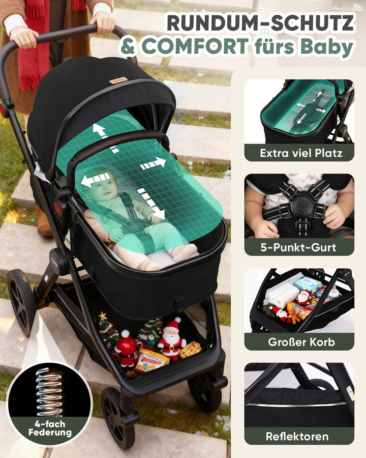 Sekey Kombi Kinderwagen Baby 3 in 1 Komplettset mit Regenschutz und Moskitonetz, Kinderwagen mit Lie