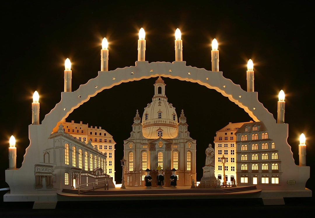 Grosser 72cm 3D 10 Kerzen Schwibbogen Frauenkirche Dresden mit Unterbank Augustusbrücke - Feine Hand