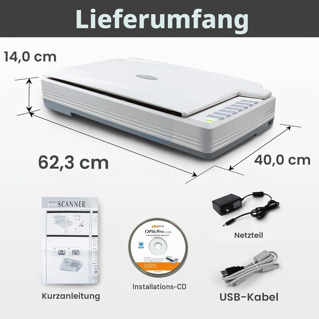 Plustek OpticPro A320E - Flachbettscanner Din-A3 (Auflösung 800 dpi, CCD), Kompatibel mit Wins & Mac
