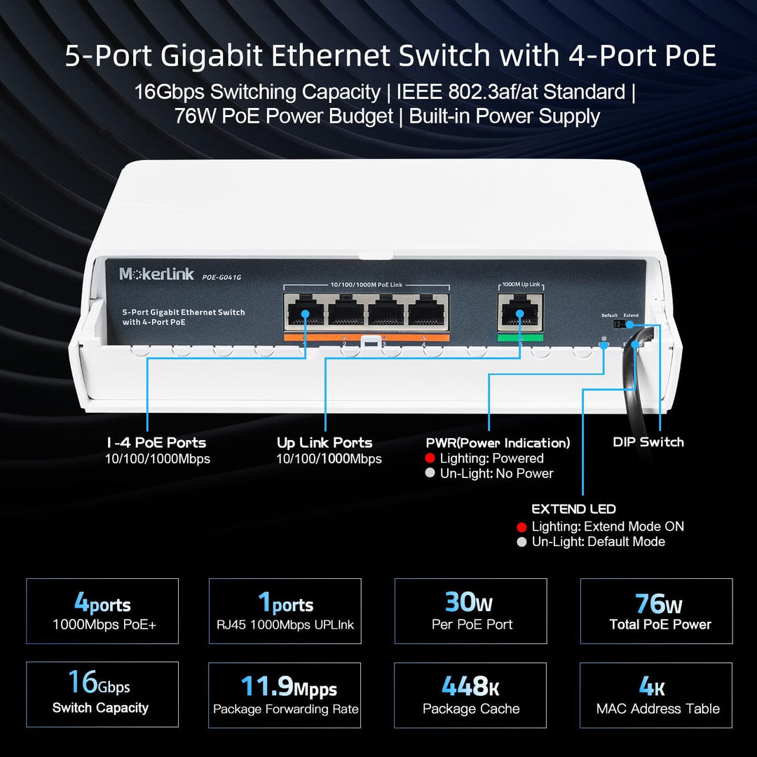 MokerLink 5 Port Outdoor Gigabit POE Switch, mit 4 POE+ Ports 1000Mbps, 78W IEEE802.3af/at, Wetterfe