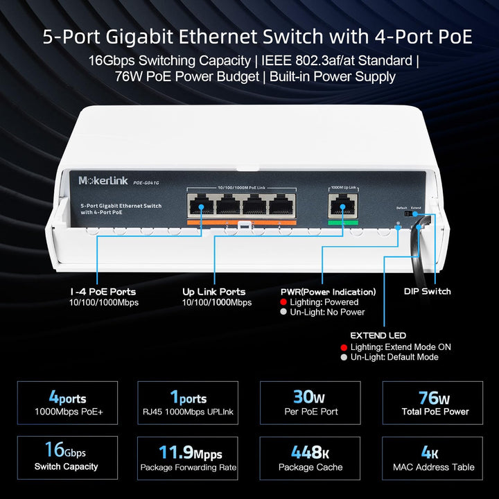 MokerLink 5 Port Outdoor Gigabit POE Switch, mit 4 POE+ Ports 1000Mbps, 78W IEEE802.3af/at, Wetterfe
