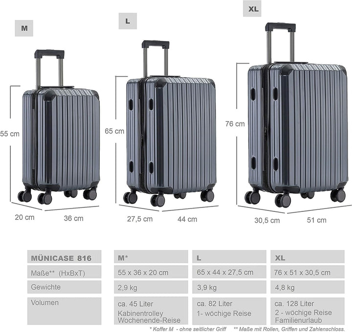 Münicase M816 TSA-Schloss, Teleskopgriff, Reisekoffer mit 4 Rollen, Hartschale, Kabinentrolley 55cm,