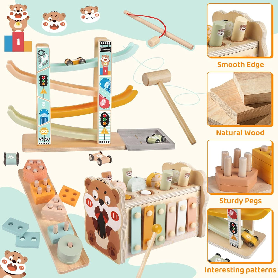 Holz Montessori Spielzeug für Kleinkinder 1-3 Jahre, Baby Hammerbank mit Xylophon &amp; Angelspiel, Auto