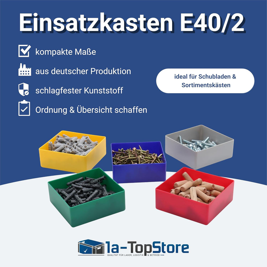 1a-TopStore 25 Stück Einsatzkasten Serie E40, farblich sortiert, 5 Farben u. 4 Grössen, aus Polystyr