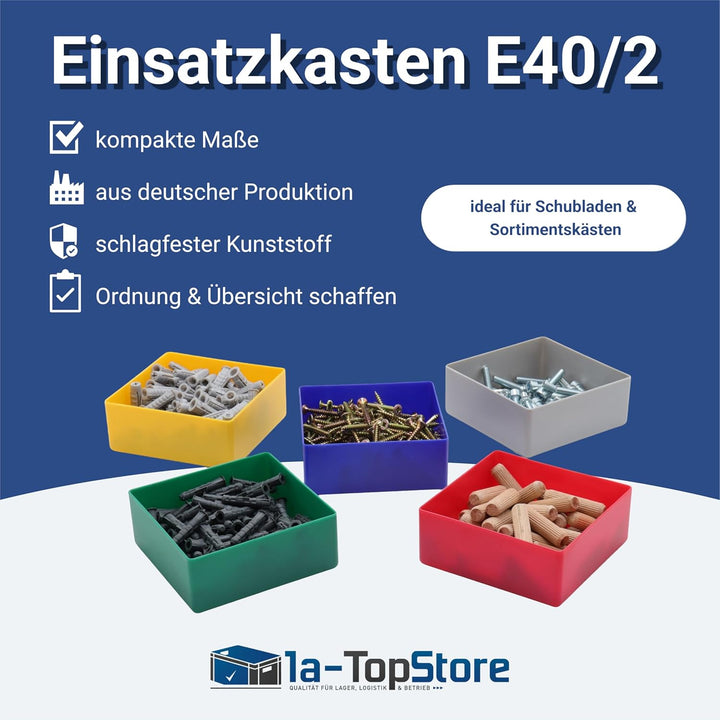 1a-TopStore 25 Stück Einsatzkasten Serie E40, farblich sortiert, 5 Farben u. 4 Grössen, aus Polystyr