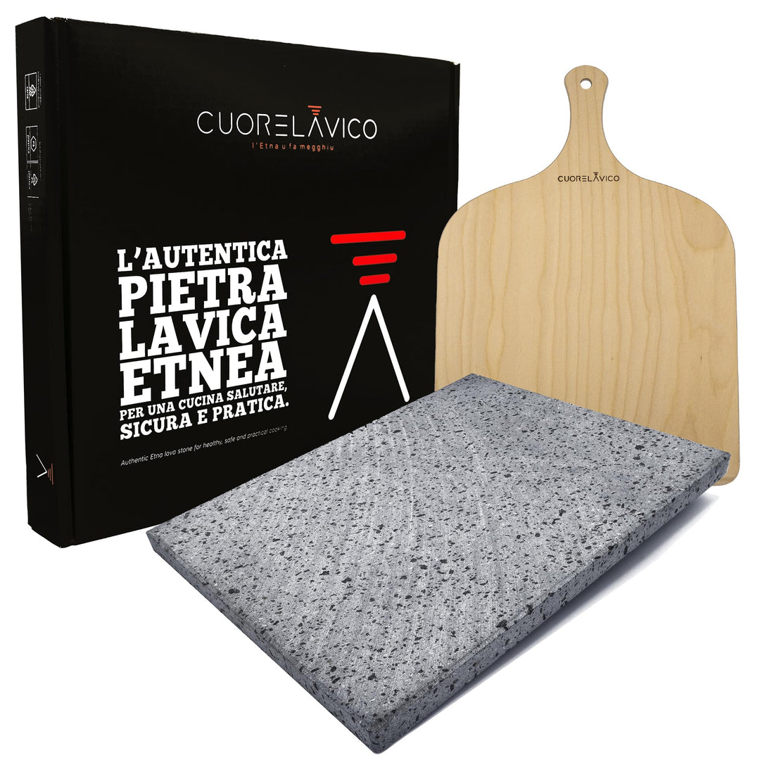 CUORE LAVICO - DAS ORIGINAL Italienischer Pizzastein - Ätna Lavastein für Pizza 39x30x2 cm inkl. Piz