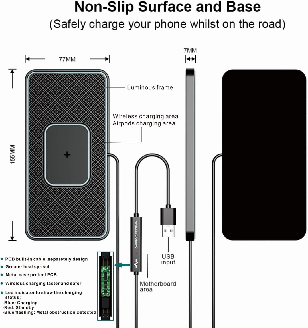 Wireless Charger Auto Ladepad, Polmxs 15W Schnelles Kabelloses Ladegerät Ladematte rutschfest Indukt
