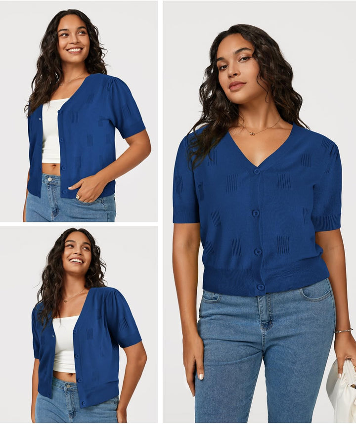 VOTEPRETTY Damen Strickjacke Sommer Kurzarm Cardigan V Ausschnitt Leichte Solid Top Elegant Bolero S