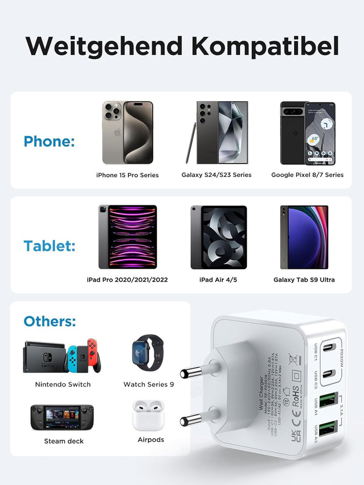 2-Pack USB C Ladegerät, 4 Ports Schnellladegerät PD 3.0 Power Adapter 40W Mehrfach Ladegerät mit USB
