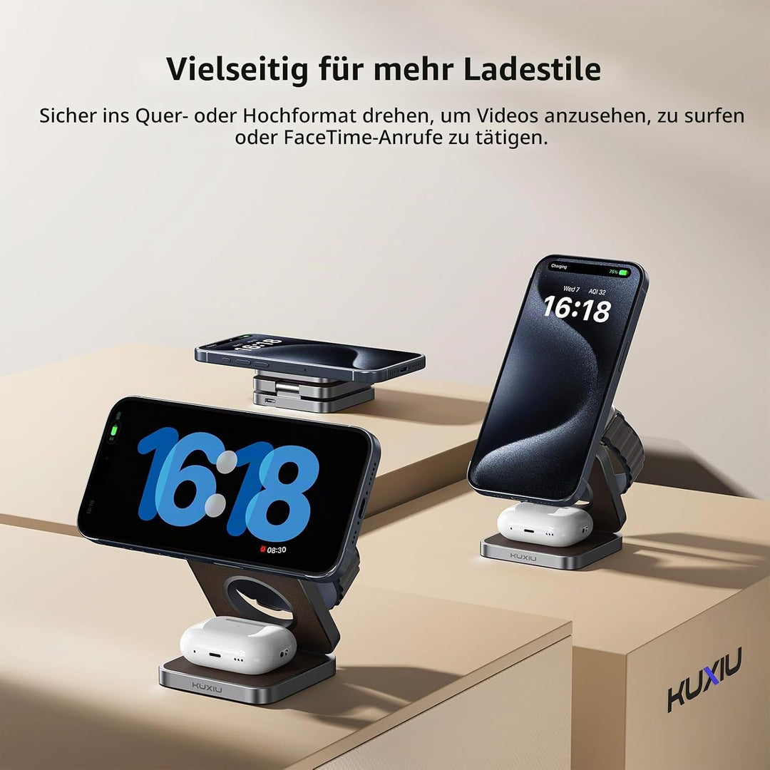 KU XIU X40 3-in-1 Induktive Ladestation – Kabelloses magnetisches Ladegerät, Faltbares Reiseladegerä