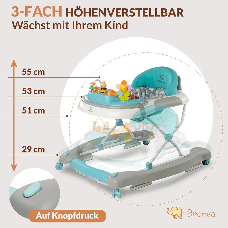 BRONEA® 4-in-1 Gehfrei Babywalker ab 6 Monate | Lauflernwagen Schaukelfunktion und Spielpaneel mit M