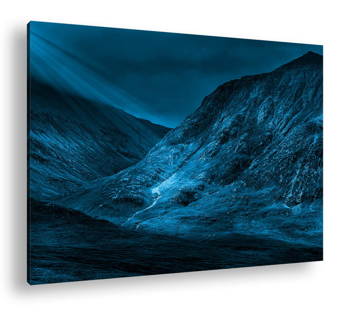 Leuchtende Landschaft in den Highlands Format 100x70 Effekt: Monocrome Blau als Leinwandbild, Motiv