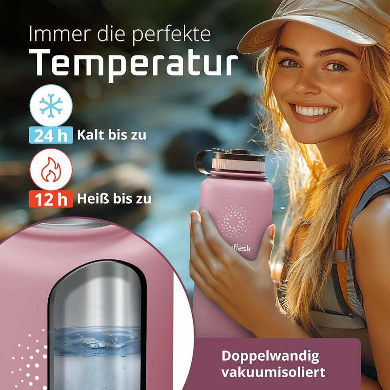 Trinkflasche Edelstahl ACTIVE FLASK + Strohhalm (3 Deckel) BPA-frei, Auslaufsicher, Kohlensäure geei