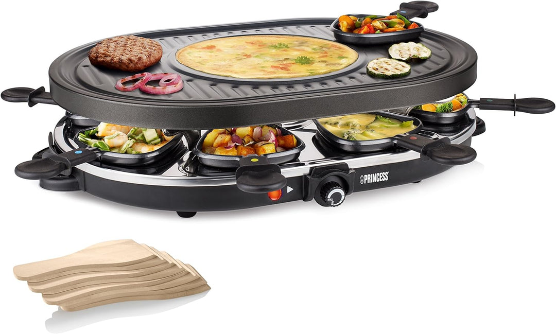 Princess Raclette Grill - Oval, 8 Pfannen, Multifunktionale Platte mit Crépes Bereich, 1200 Watt, 42