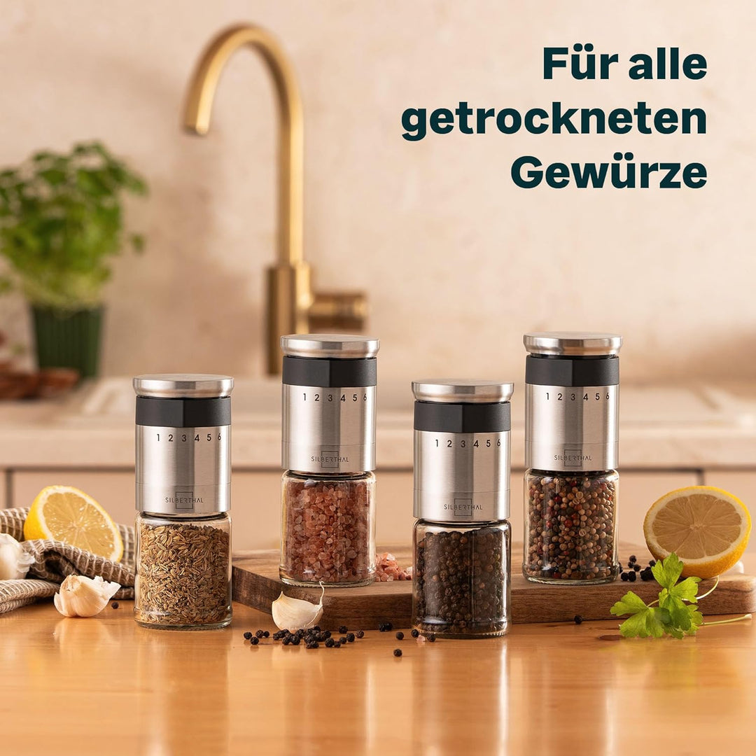 SILBERTHAL Pfeffer- & Salzmühle 2er Set – Mit aussenliegendem Einstellring - 6-Stufen-Mahlwerk, lang