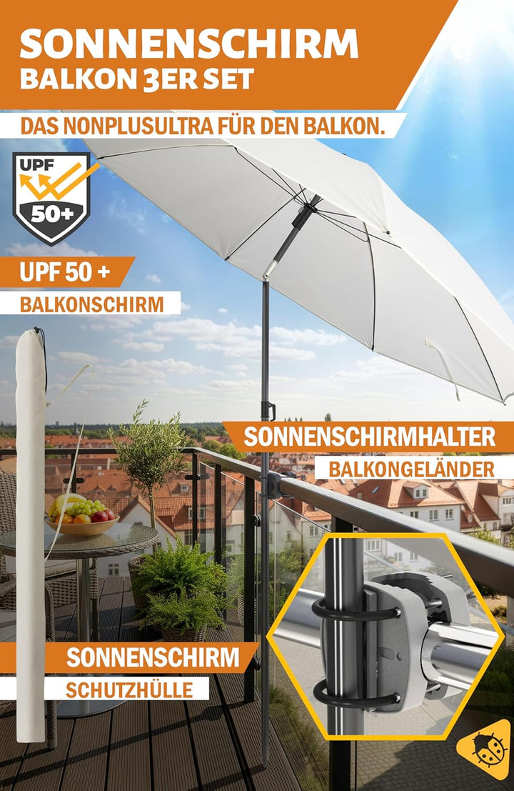 4smile Sonnenschirm Balkon 3-in-1 SET SunnyJoy, Beige - UPF 50+ Sonnenschirm Ø 180 cm + Sonnenschirm
