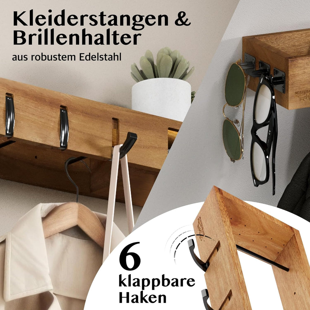Wandgarderobe Holz – 4in1 Garderobe mit Ablage, Kleiderstangen, Kleiderhaken & Brillenhalter – 100cm