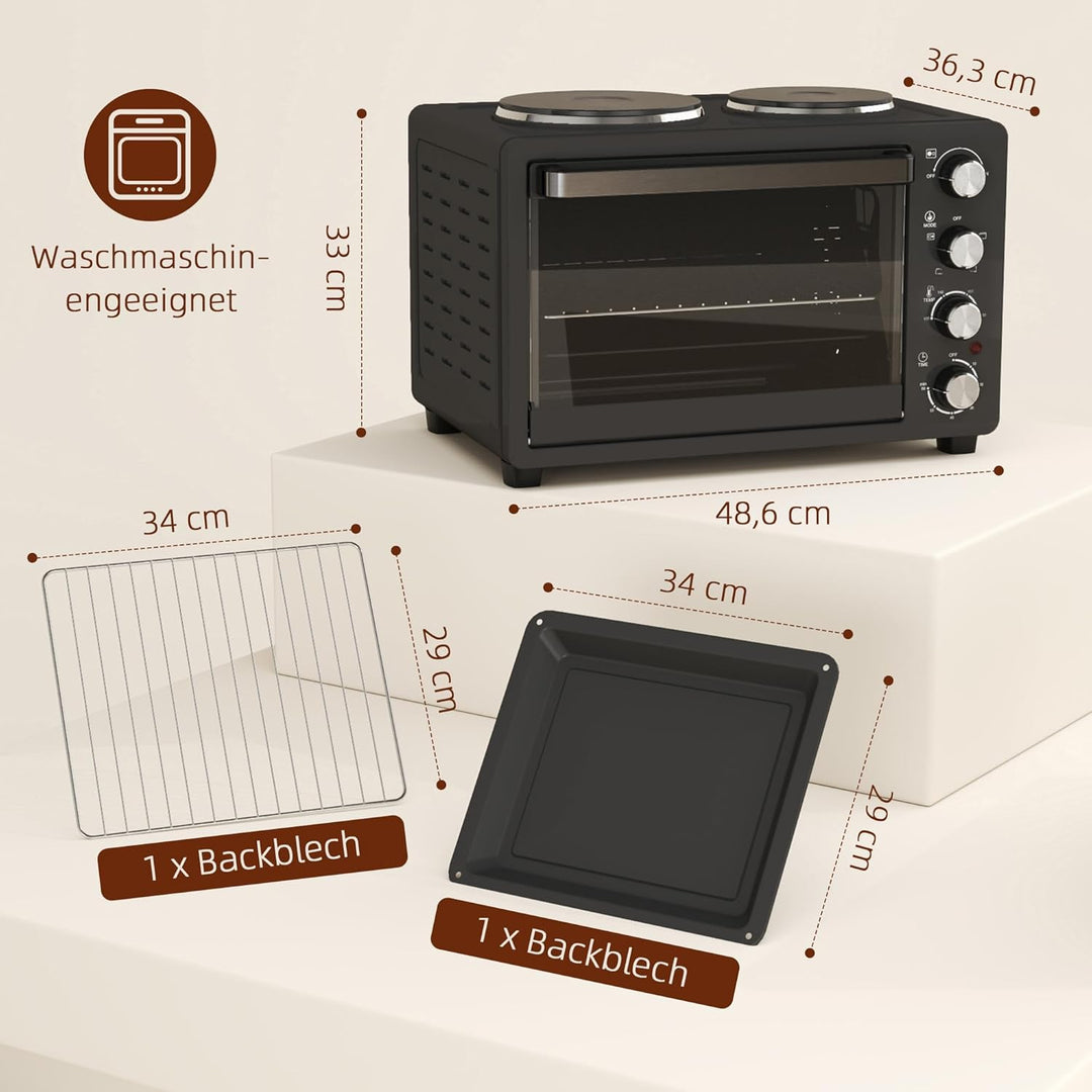 HOMCOM Minibackofen 28 L 2600W 100-230℃ Pizzaofen mit 60 Min. Timer, Grillrost 2 Kochplatten, Backbl
