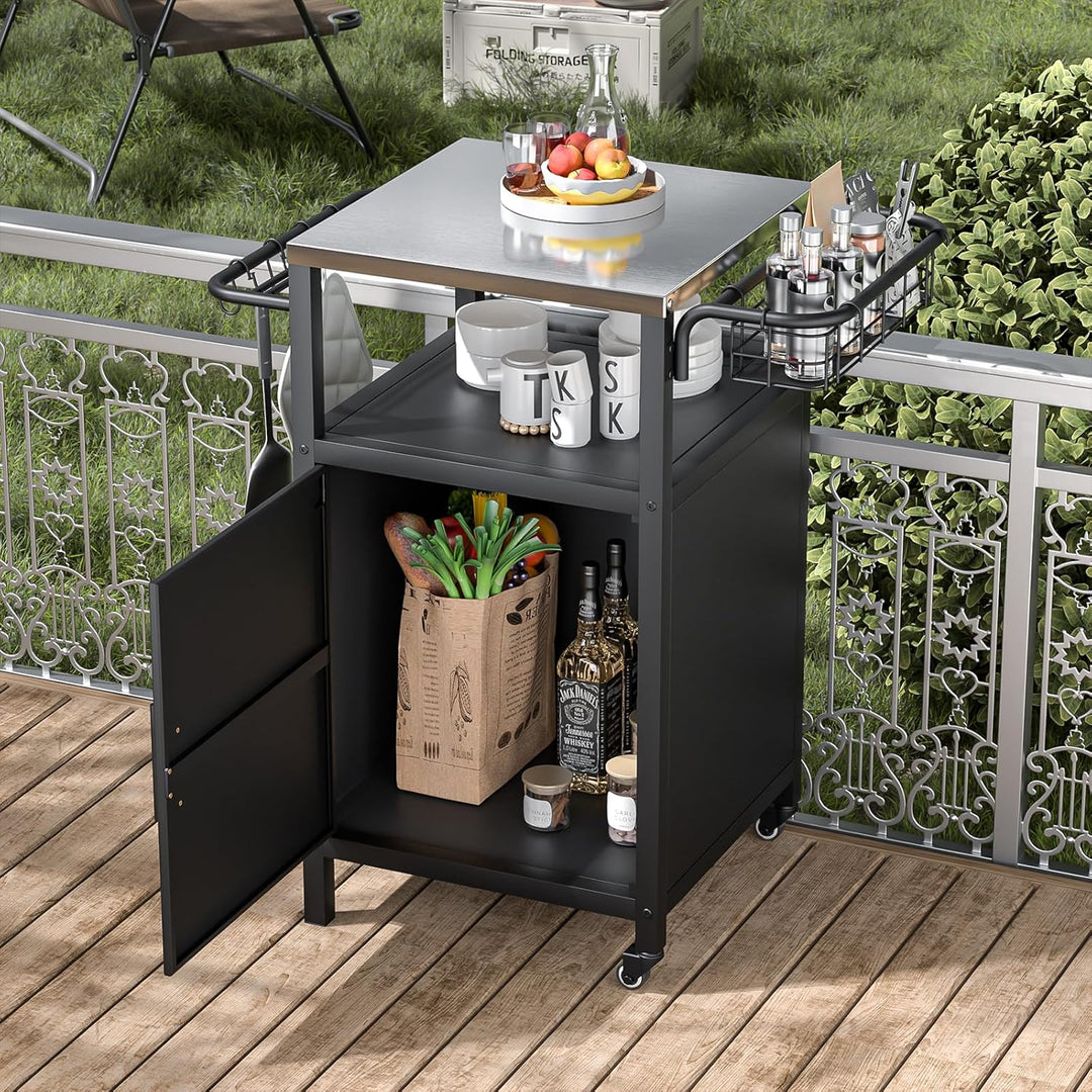 Edelstahl Grillwagen 3-Etagen, Grilltisch Outdoor mit Schrank, Outdoorküche mit 2 Rollen, 4 Haken &amp;