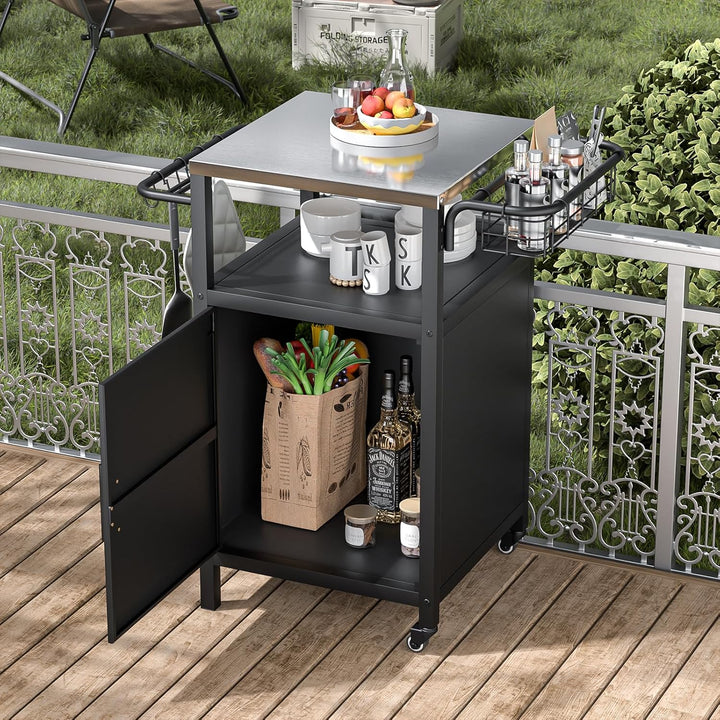 Edelstahl Grillwagen 3-Etagen, Grilltisch Outdoor mit Schrank, Outdoorküche mit 2 Rollen, 4 Haken &amp;