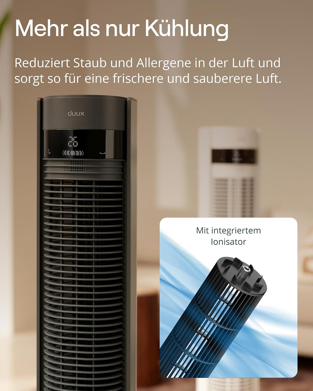 Duux Elevate Turmventilator – 12 Geschwindigkeiten, 80° Oszillation, Nur 25 dB, Ionisator, Timer (1–