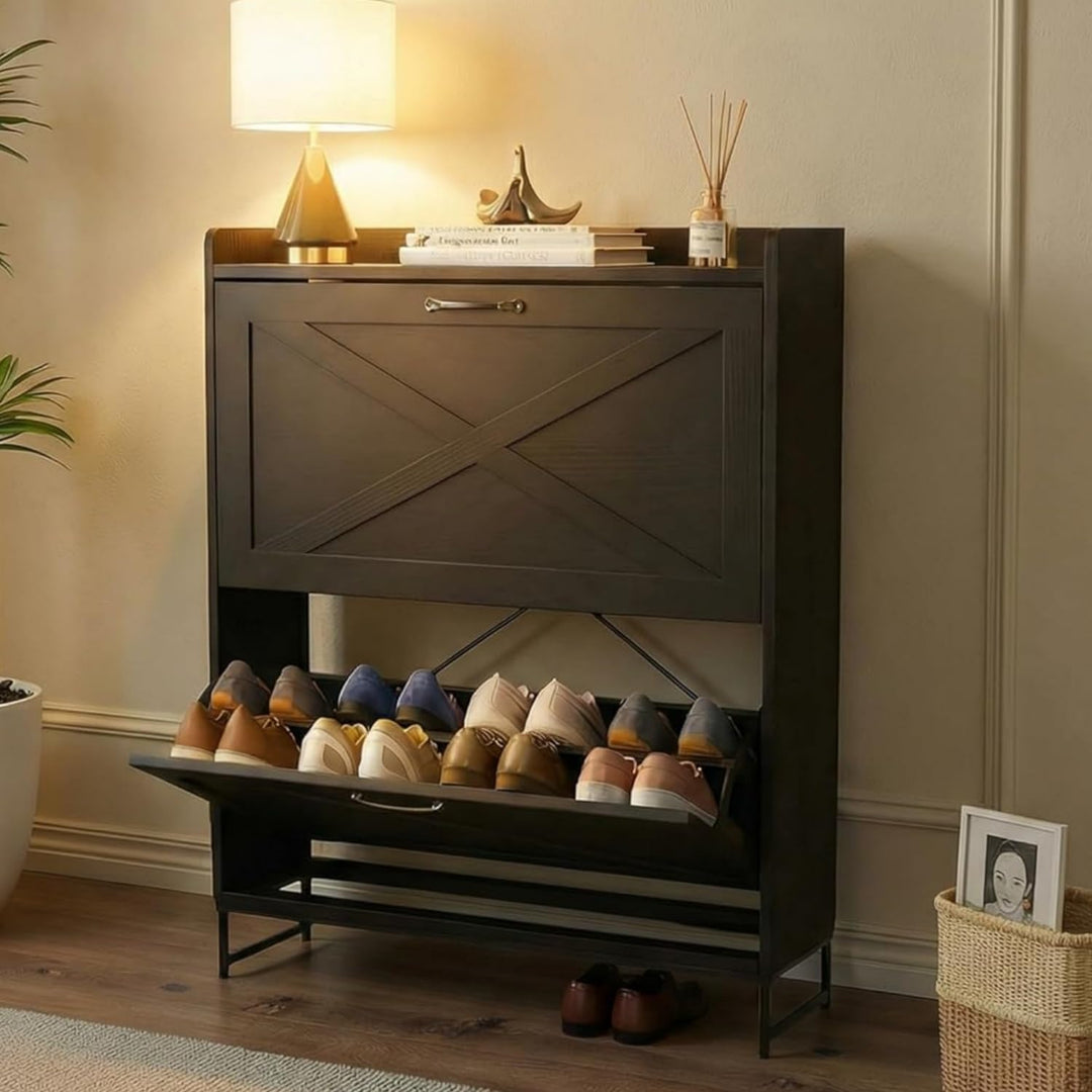 VOWNER schmal Schuhschrank 2 Klappen, verstellbar Schuhregal Schuhkipper, platzsparend Schuhablage f