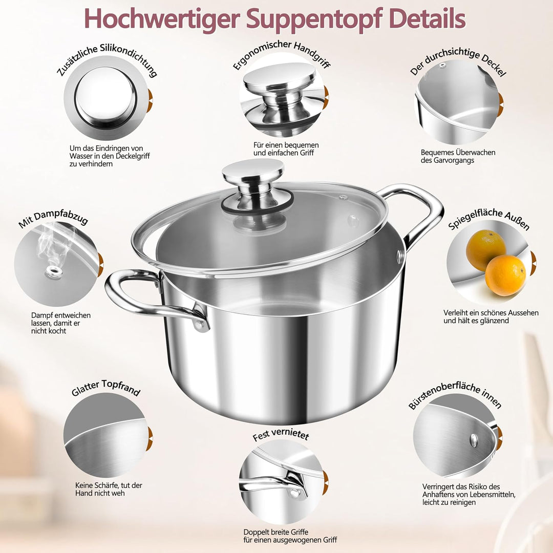 TEAMFAR Kochtopf Gross 26cm, 3-Lagen Edeastahl 6,6L Topf mit Glasdeckel für alle Herdarten, Suppento
