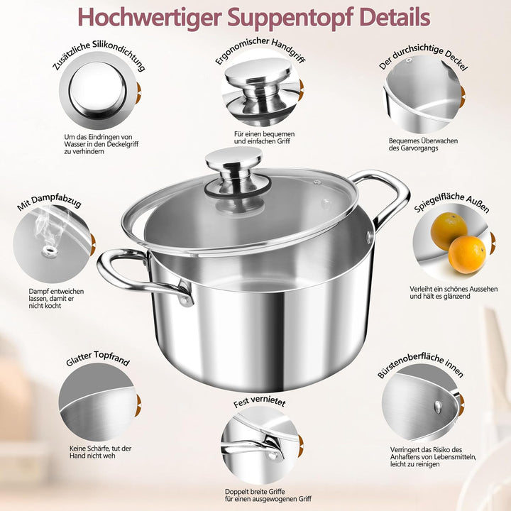 TEAMFAR Kochtopf Gross 26cm, 3-Lagen Edeastahl 6,6L Topf mit Glasdeckel für alle Herdarten, Suppento